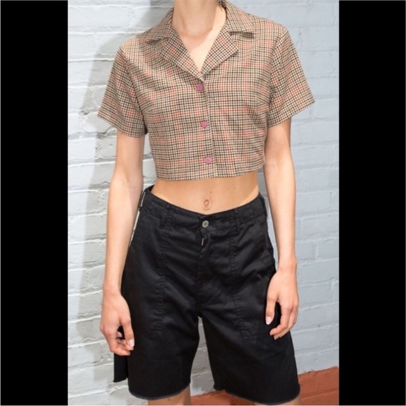 John Galt Brown by Brandy Melville Red Plaid Collared Crop Top Medium - Picture 1 of 11
